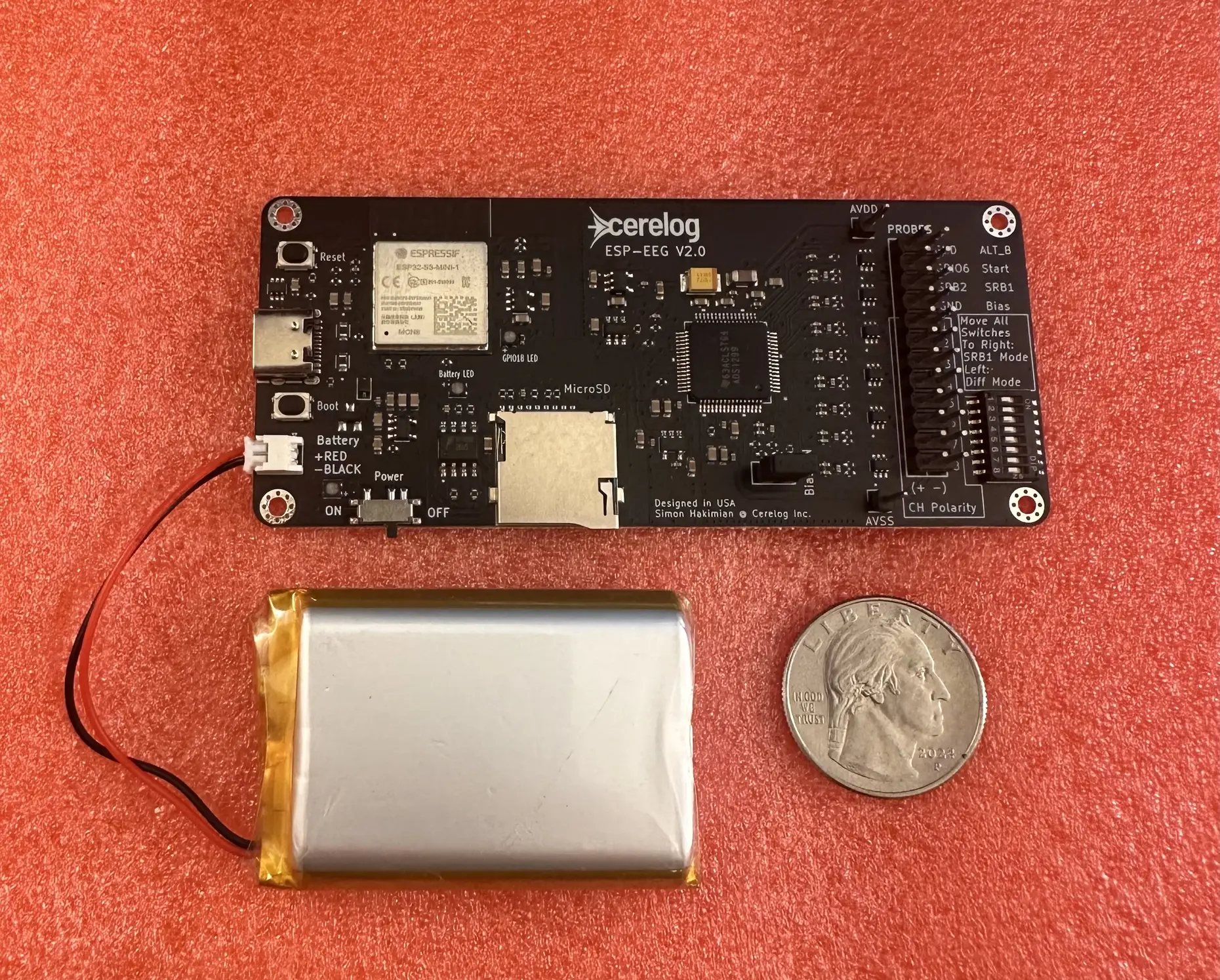 Cerelog ESP-EEG V2 board with LiPo battery attached thumbnail