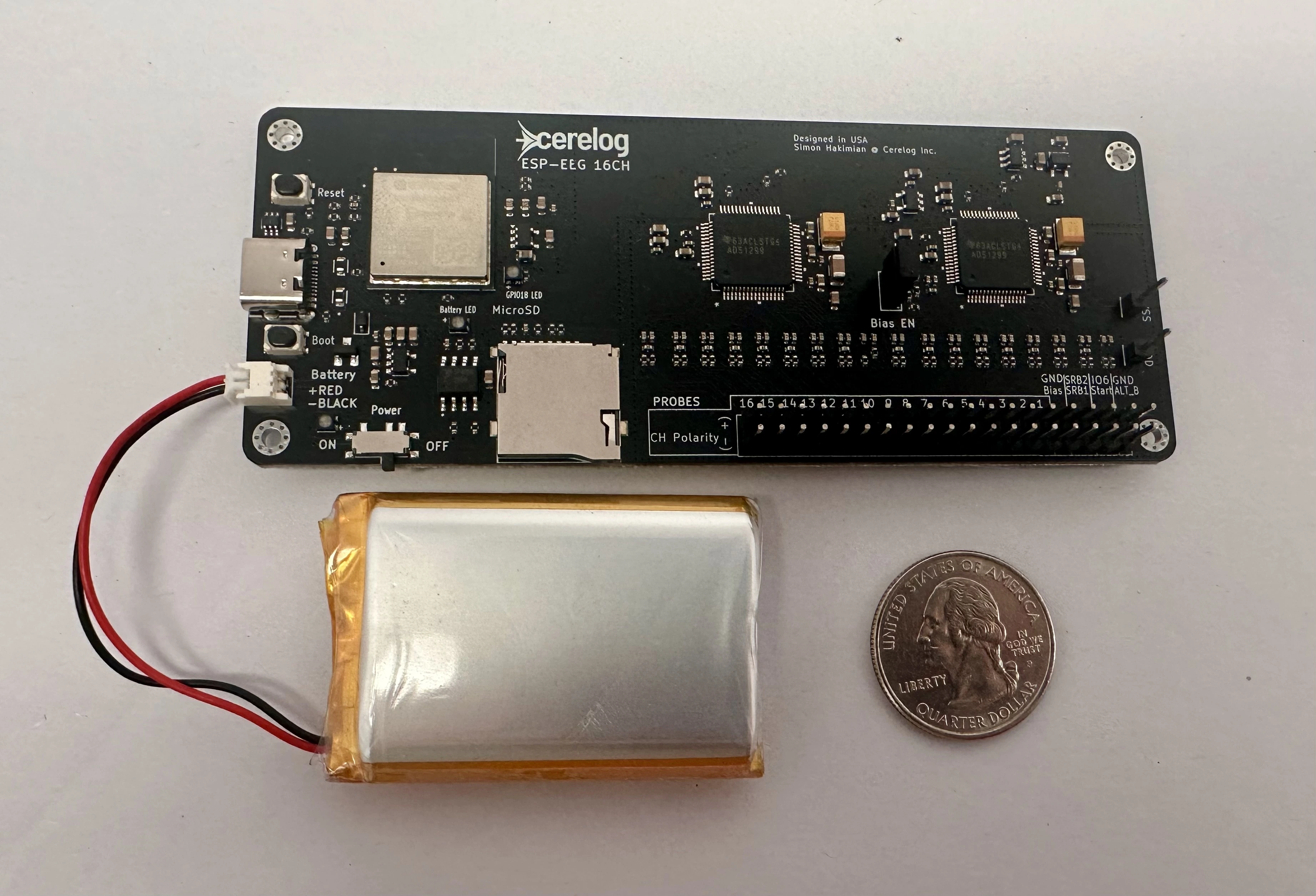 Cerelog ESP-EEG board with LiPo battery attached thumbnail